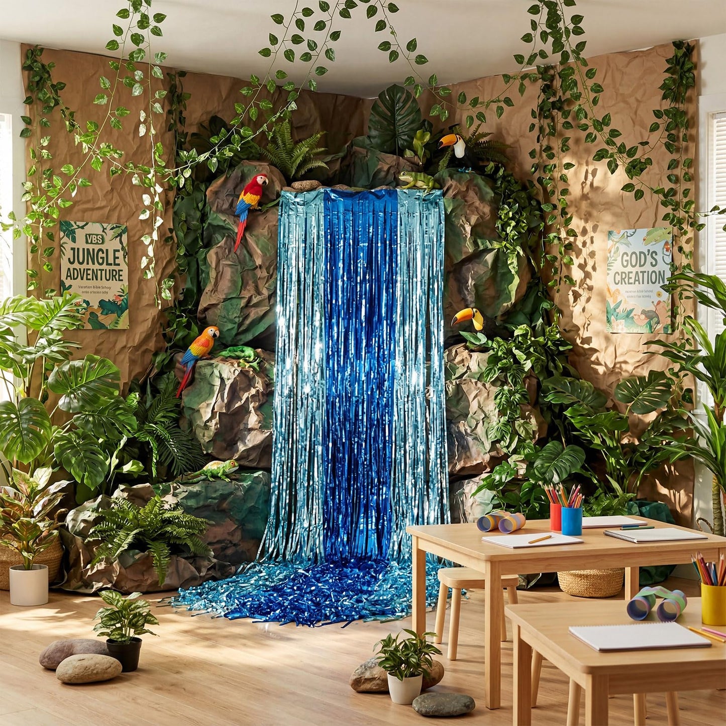FunooFuno 2026 Vbs Rainforest Waterfall Decor Kit – Jungle Themed DIY Rock & Cascading Waterfall Backdrop for Vacation Bible School, Sunday School, Kids' Ministry, and Tropical Party Decorations