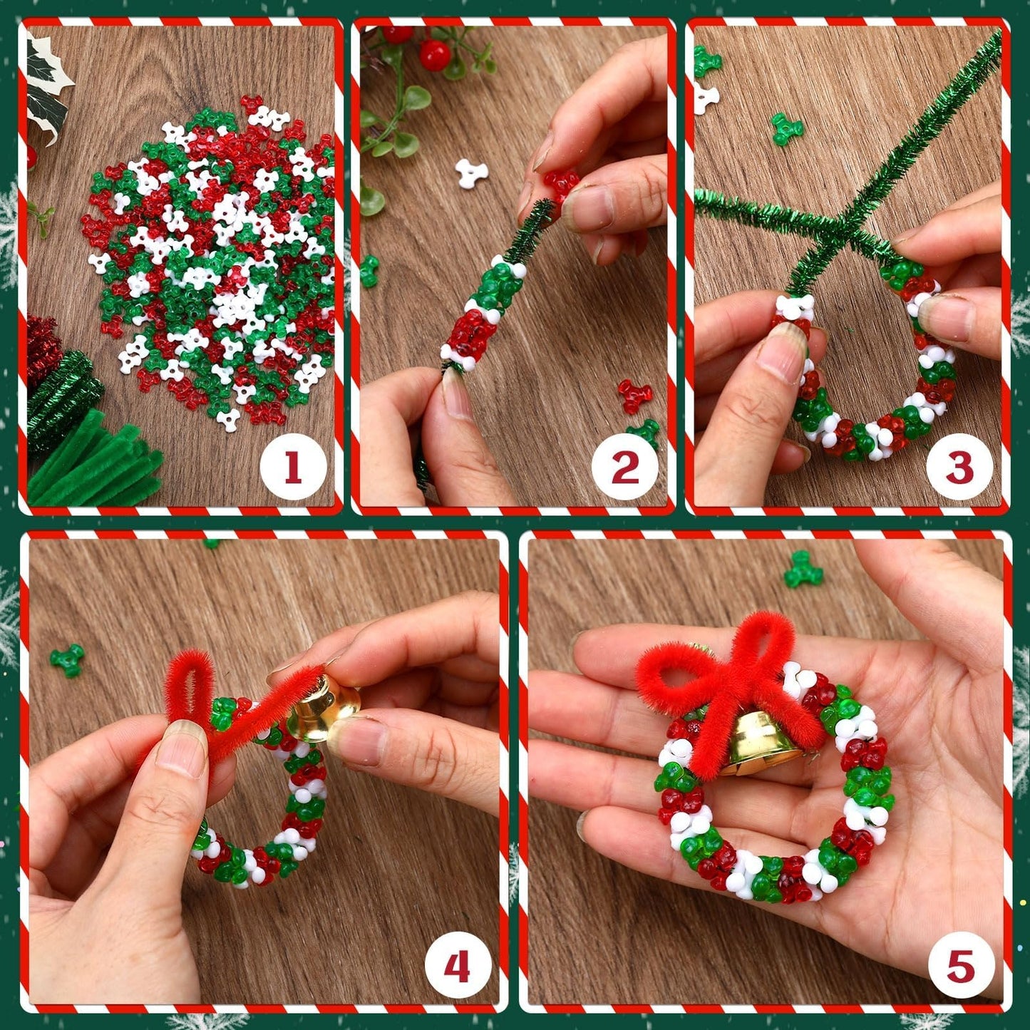 UPINS 2000pcs Christmas Tri Beads,Christmas Beaded Ornament Kit Red Green White Beads Pipe Cleaners Golden Bells for Tree Hanging Wreath Cane Jewelry Making Party Decoration