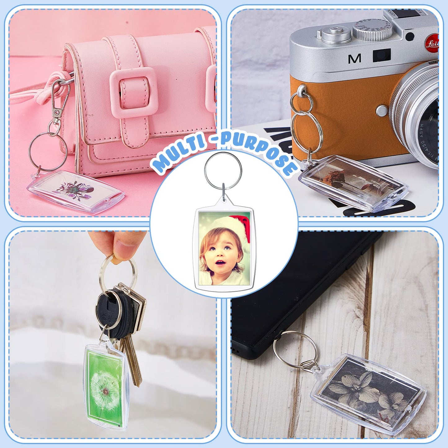 Junkin 500 Pcs 800 Pcs Acrylic Photo Frame Keyring 2.2 x 1.6 Inch Rectangle Clear Picture Keychains Bulk for DIY Crafts Family Gifts