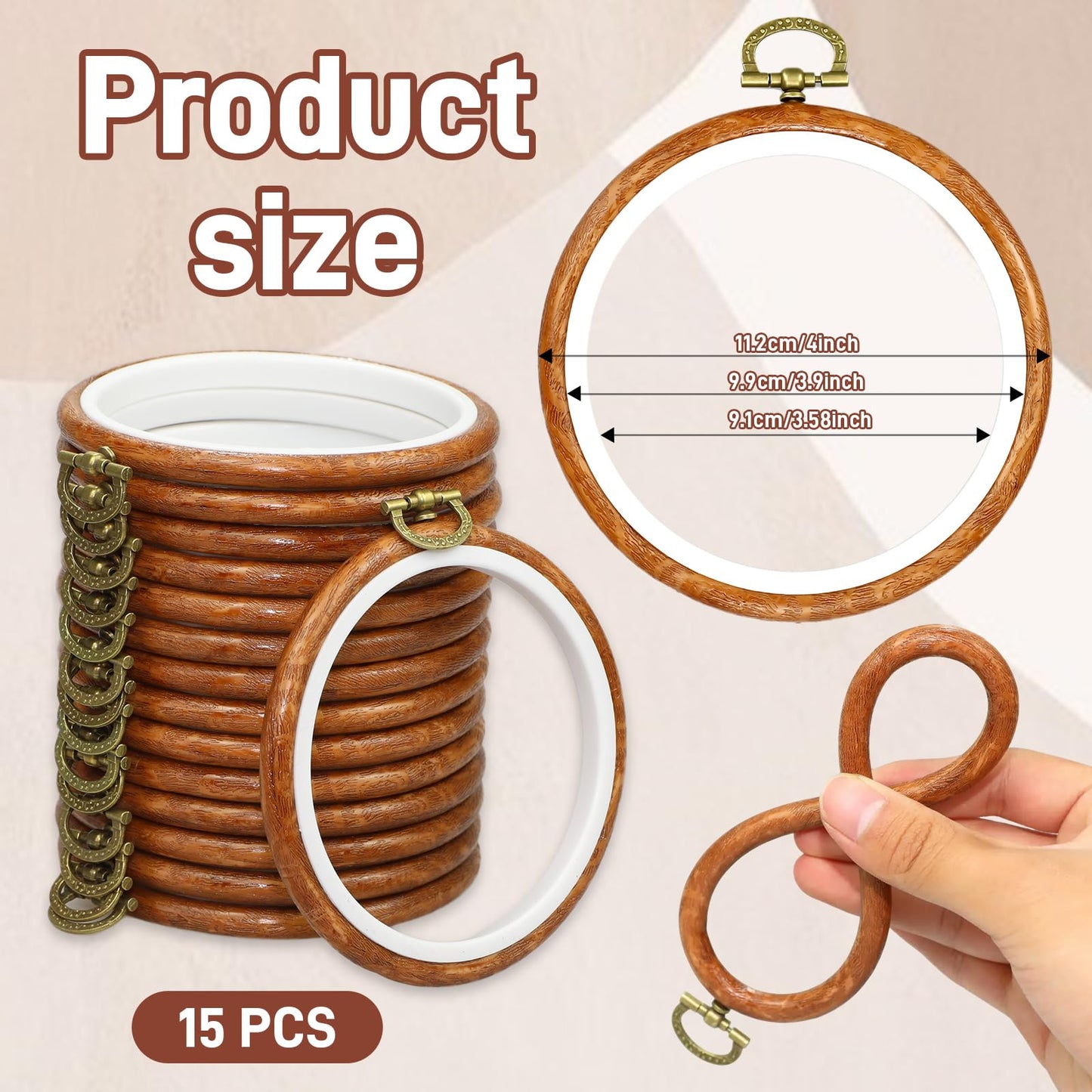 YICO 15 Pieces 3.6 Inch Round Embroidery Hoop Set Imitated Wood Grain Rubber Cross Stitch Frame for DIY Crafts Display Decorative Hanging Circle for Needlework and Ornaments