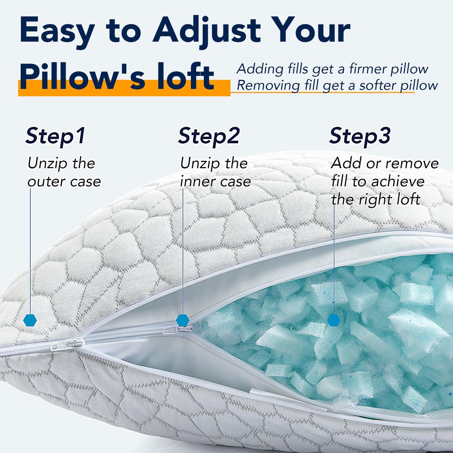 QUTOOL Cooling Pillow for Sleeping, CertiPUR-US Shredded Memory Foam Queen Pillows Set of 2, Cool Pillow for Hot Sleepers Adjustable Firm Pillow for Side, Back, Stomach Sleepers Soft Yet Support,White