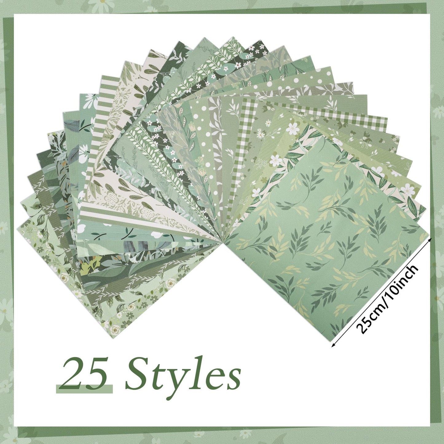25 Pcs Sage Green Quilting Fabric Scraps, 10''x10'' Green Cotton Fabric Squares Vintage Precut Quilt Kits Include Floral Pattern Spring Leaf Print for DIY Craft Supplies