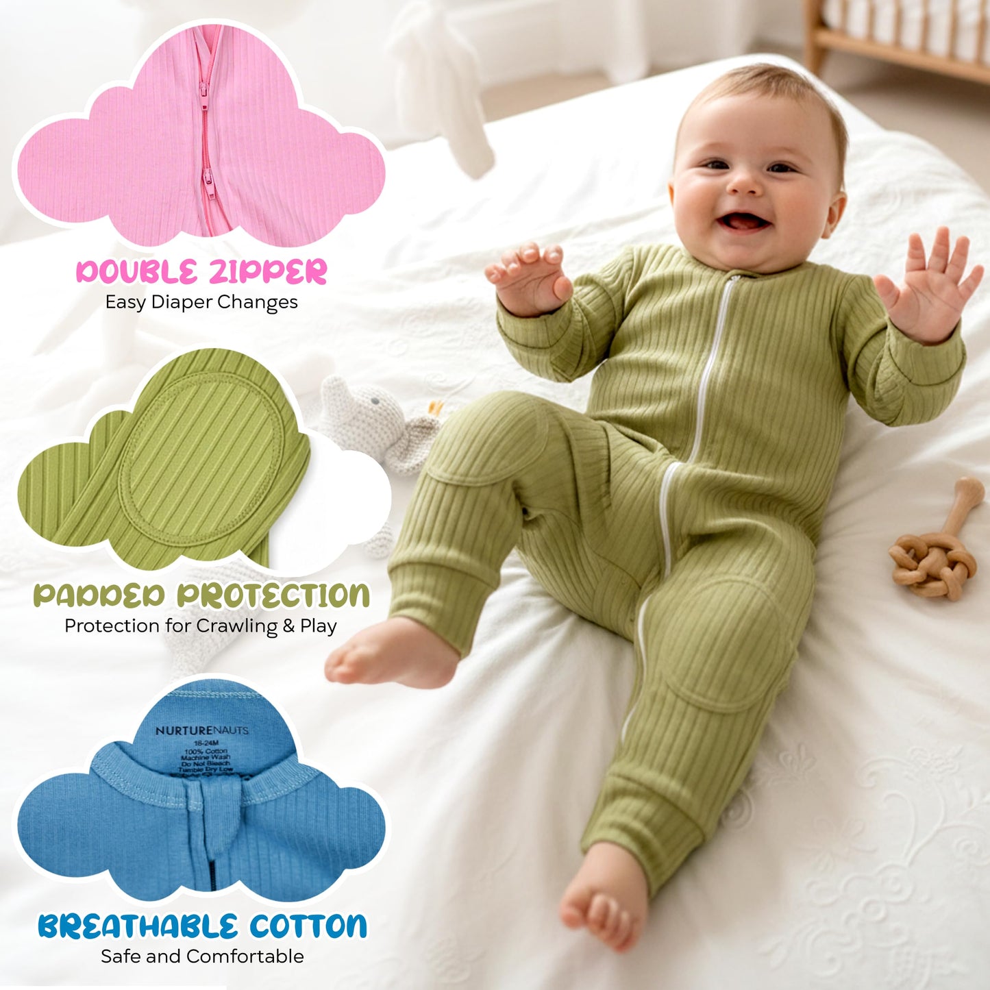 NurtureNauts® Crawling Baby Romper with Built-in Knee & Elbow Pads - 100% Cotton, 2-Way Zipper, Tagless for Active Babies (Pastel Blue, 18-24 Months)