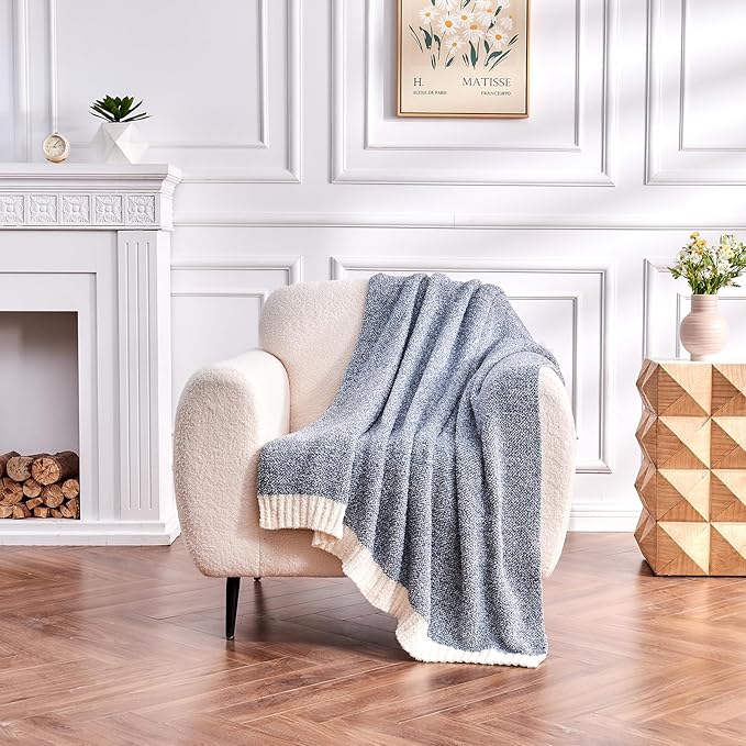 CozeCube Melange Blanket, Ultra Soft Blue and White Throw Blanket, Warm Cozy Knit Fuzzy Plush Reversible Throw for Couch Bed Sofa, 50"x60"