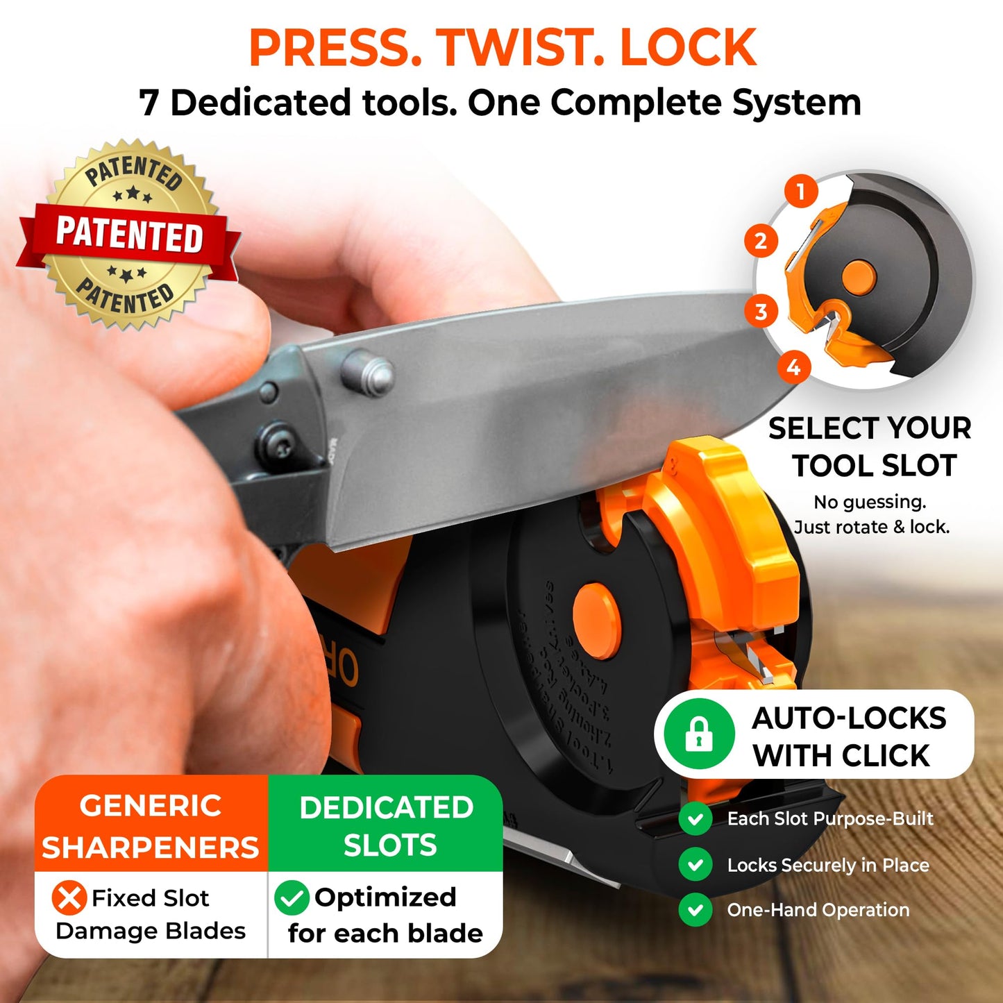 Orange Ninja 7-in-1 Garden Tool & Knife Sharpener – Sharpens Axe, Hatchet, Machete, Pruner & Shears – One Tool for All Your Outdoor Blades – Gift for Gardeners