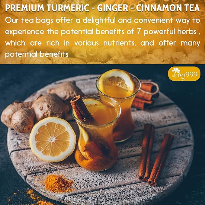 TOG999, 120 Bags Premium Turmeric Ginger Cinnamon Tea. Upgraded Version. Improve Digestion, Support Brain, Weight, Skin and Sleep. Eco-Conscious Tea Bags. No Sugar, No Caffeine, No Gluten, Vegan.