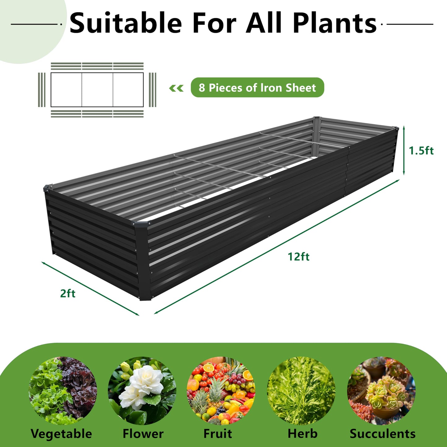 MGNO 12x2x1.5FT Galvanized Raised Garden Bed-Outdoor Planter Box for Vegetables-Metal Garden Bed,RRectangle Planting Box for Herb,Flower,Black
