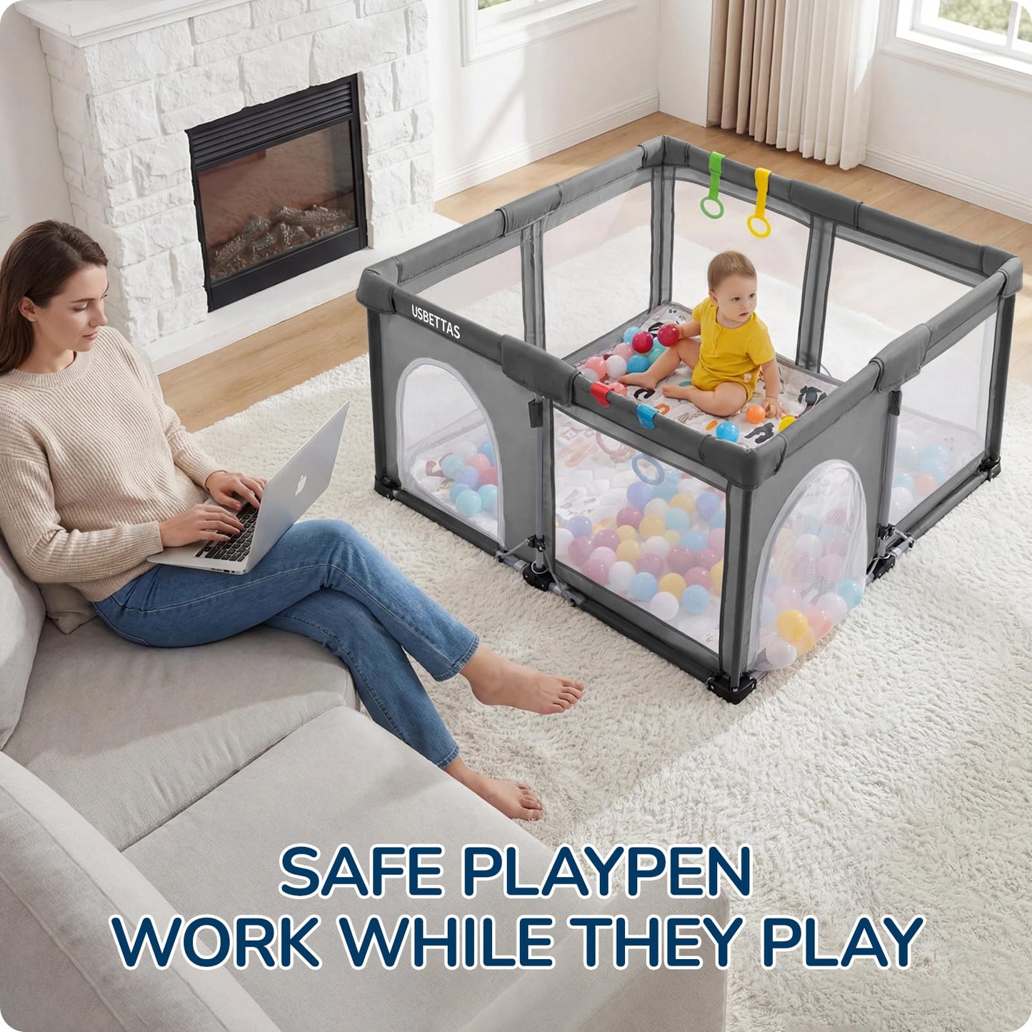 usbettas Foldable Baby Playpen, 1-Minute Setup, Lightweight Portable Playpen with Carry Bag, 50"x50" Indoor Outdoor Safty Play Yard for Babies & Toddlers, Dark Gray