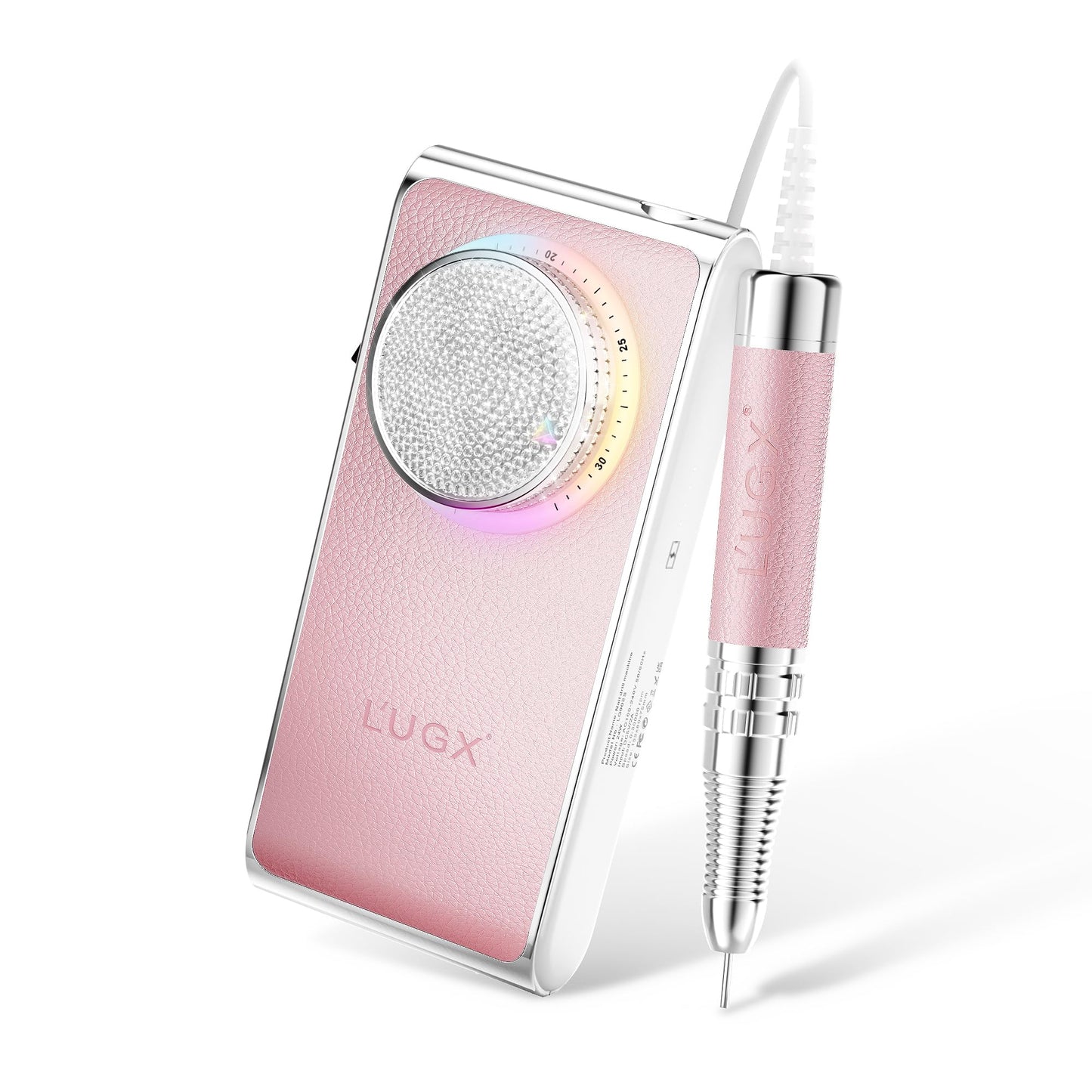 L'UGX Professional Nail Drill, 30000RPM Brushless Nail Drill Machine, Cordless Rechargeable Electric Nail File for Acrylic Nails Gel Polishing, Low Noise Low Vibration, 7Pcs Drill Bits, Diamond Pink