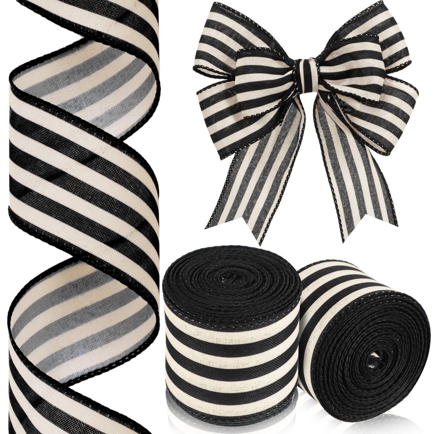 Moukeren 2 Rolls Black and Cream White Stripe Wired Edge Ribbon Halloween Rustic Ivory Boho Black and White Ribbon for Christmas Party Gift Wrapping Bow DIY Craft Home Decor(2.5 Inch, 20 Yard)
