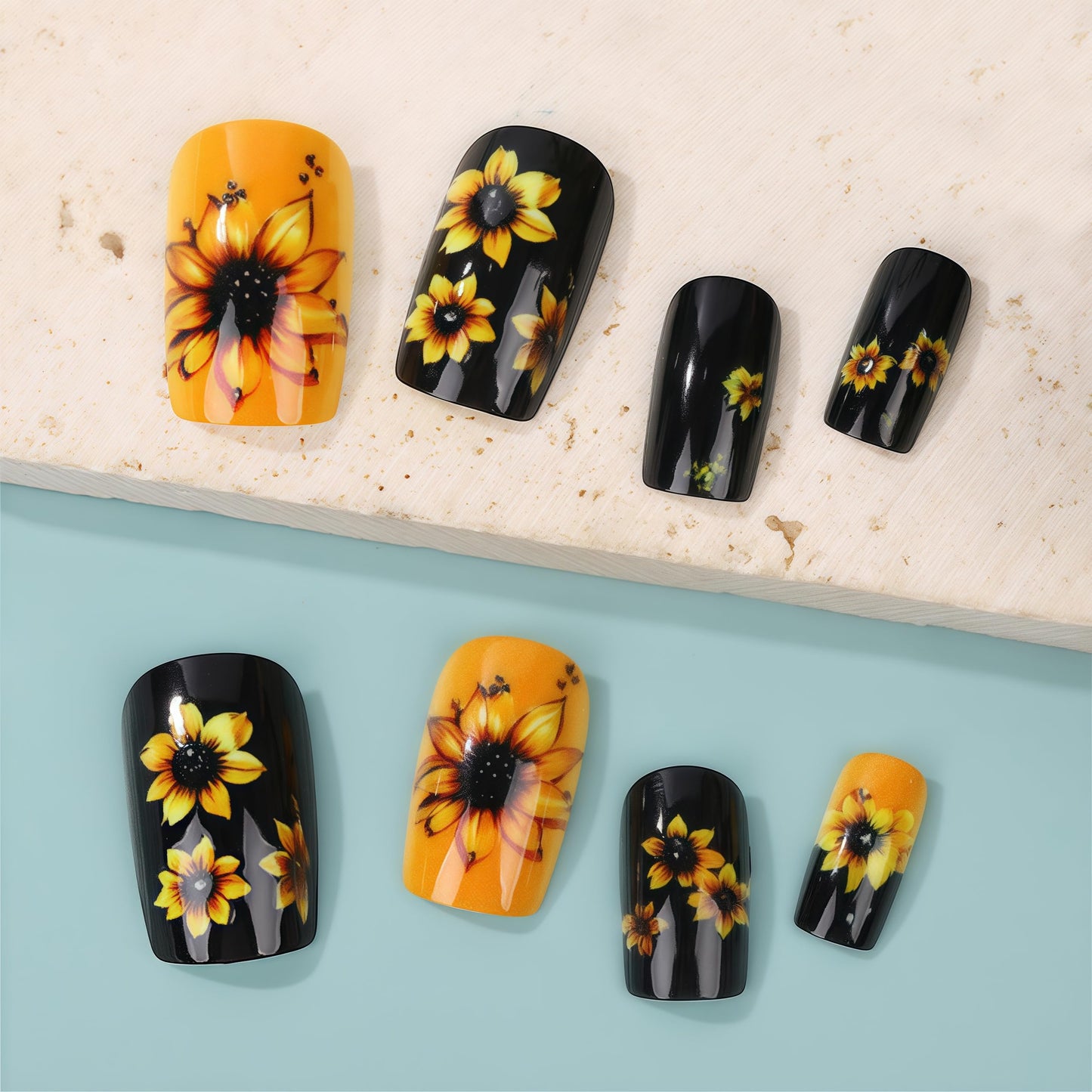24Pcs Black Press on Nails Medium Coffin Spring with Cute Sunflower Design Glossy Fake Nails Full Cover Orange Sunflower Acrylic Nails for Women Girls DIY Manicure Decorations