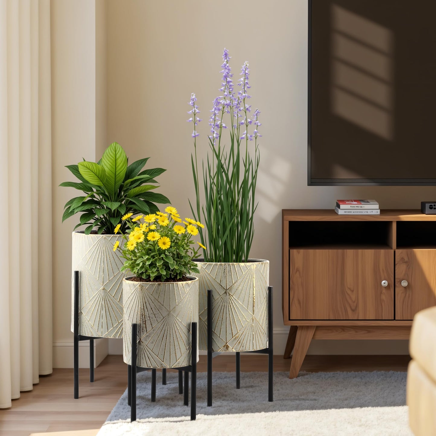LuxenHome Planters for Indoor Plants, Set of 3 Floor Plants Pots with Stands, Modern Decorative Metal Flower Pots, Green Gray Cachepot Planters,10.5", 12", 14" Inch