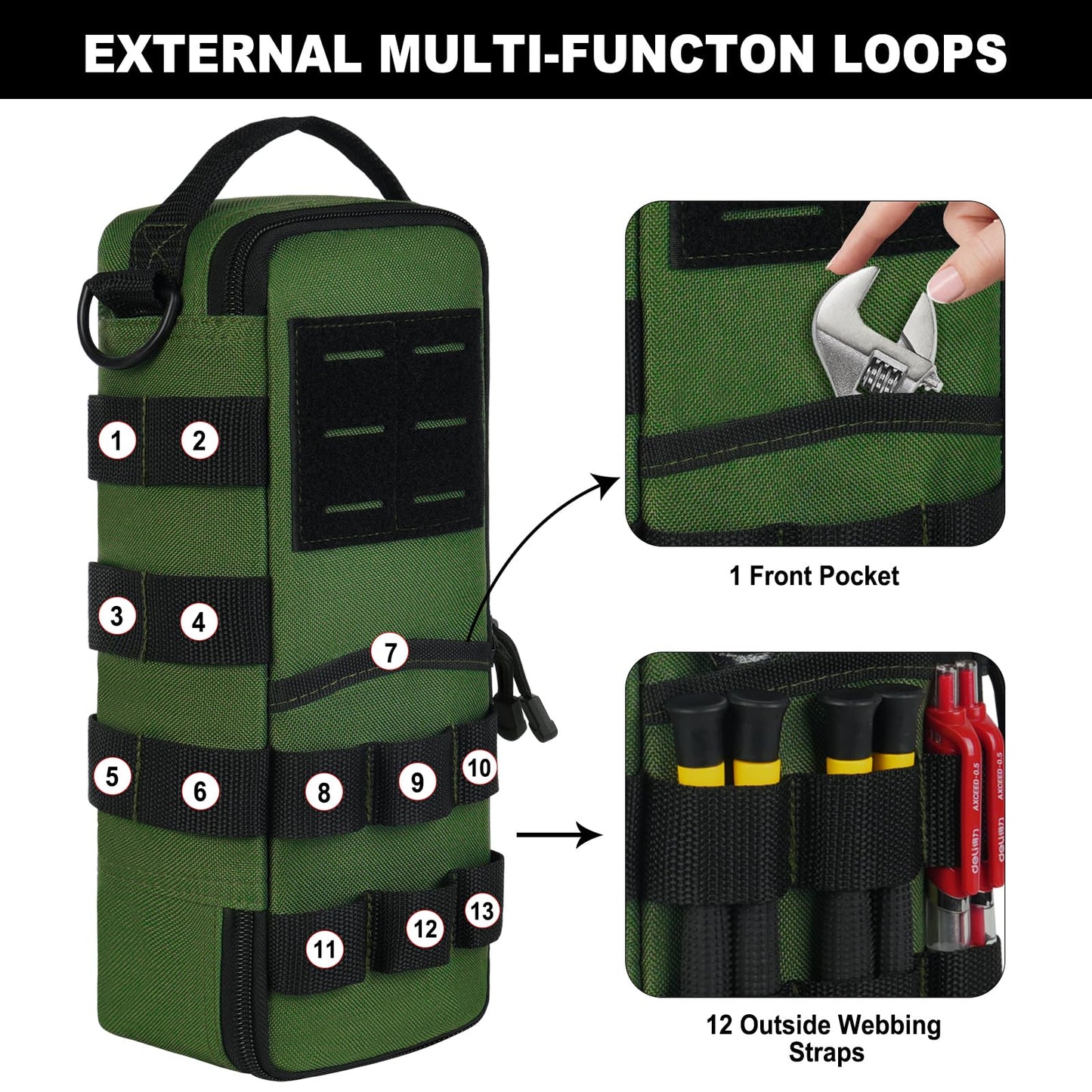 Heavy Duty Small Tool Bags for Men with Carabiner,Tactical Tool Pouch Bag,Portable Utility Tools Storage Organizer Case with Shoulder Strap for EDC,Motorcycle,Camping,Road Trip,Electricians,Green