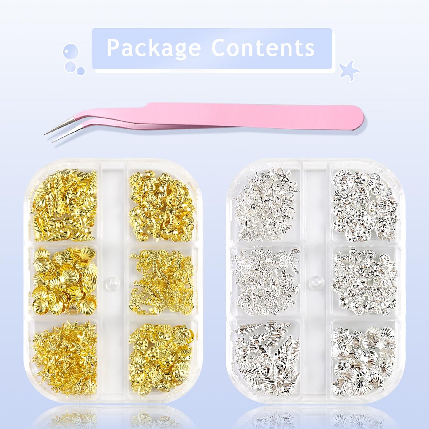 Furtherpretty 3D Beach Nail Charms Set, 2 Boxes Gold & Silver Seashell Nail Charms, Summer Ocean Starfish Jellyfish Palm Tree Nail Art Accessories Decoration with Tweezers, concha nácar para uñas