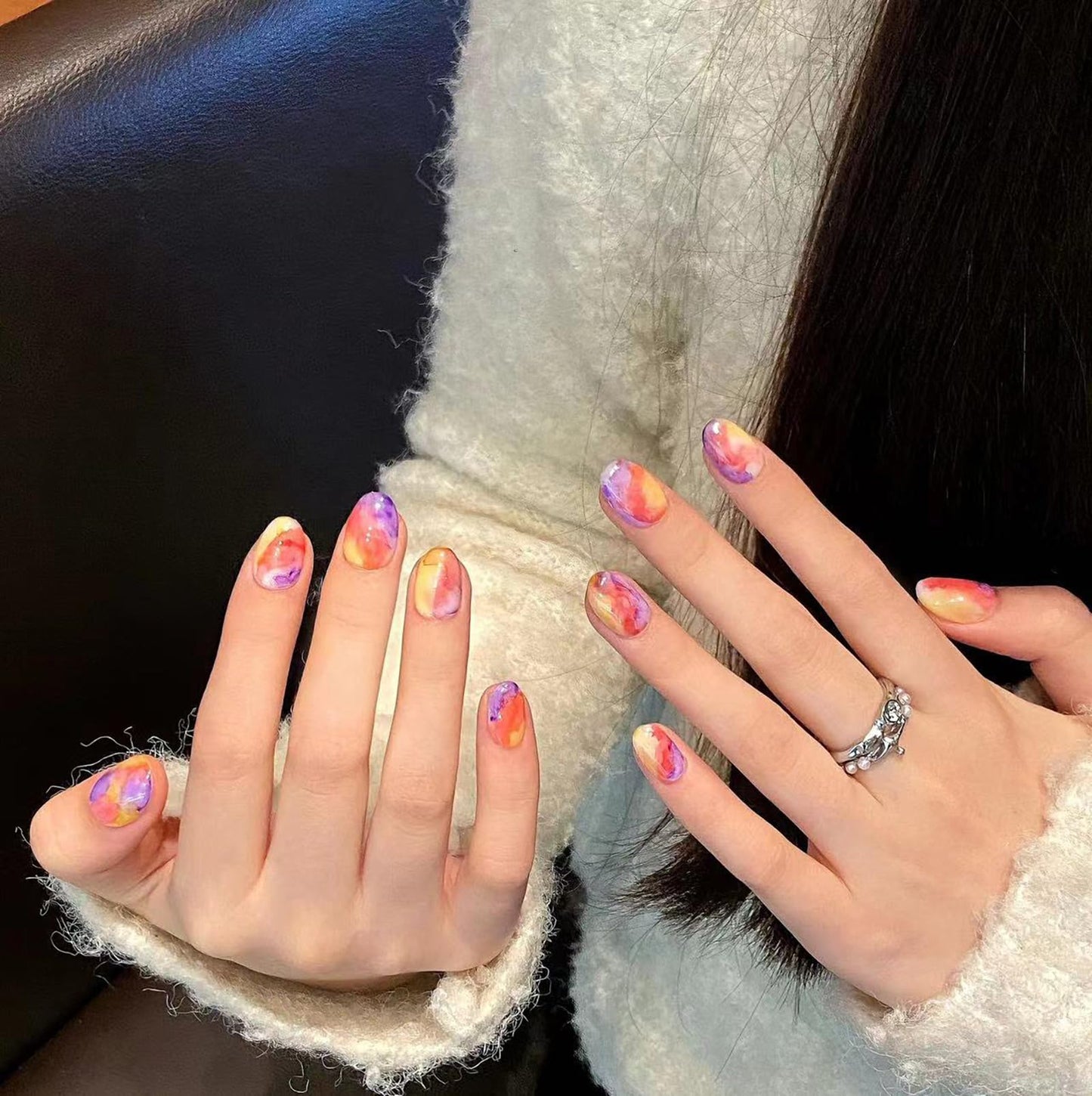 Yacey Handmade Press on Nails Short Oval, Colorful Abstract Marble Reusable False Nails Press Ons, Thick Acrylic Fake Nails, Luxury Glow Glue on Nails for Women Girls (10 Pcs, M)