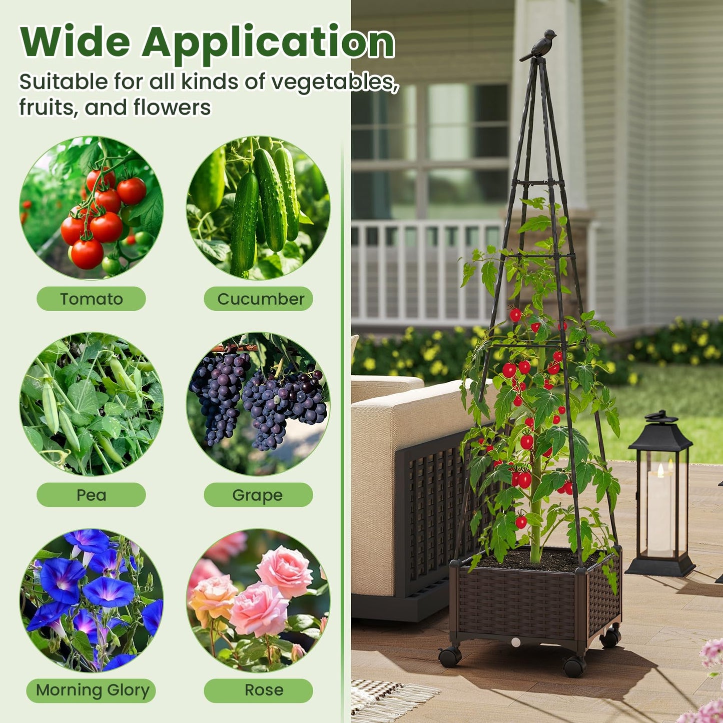 Giantex Raised Garden Bed with Wheels & Tomato Cage, Self Watering Planter Box with Obelisk Trellis, Adjustable Height, Indoor Outdoor Planter for Climbing Plant Flower Vegetable Fruit (1)