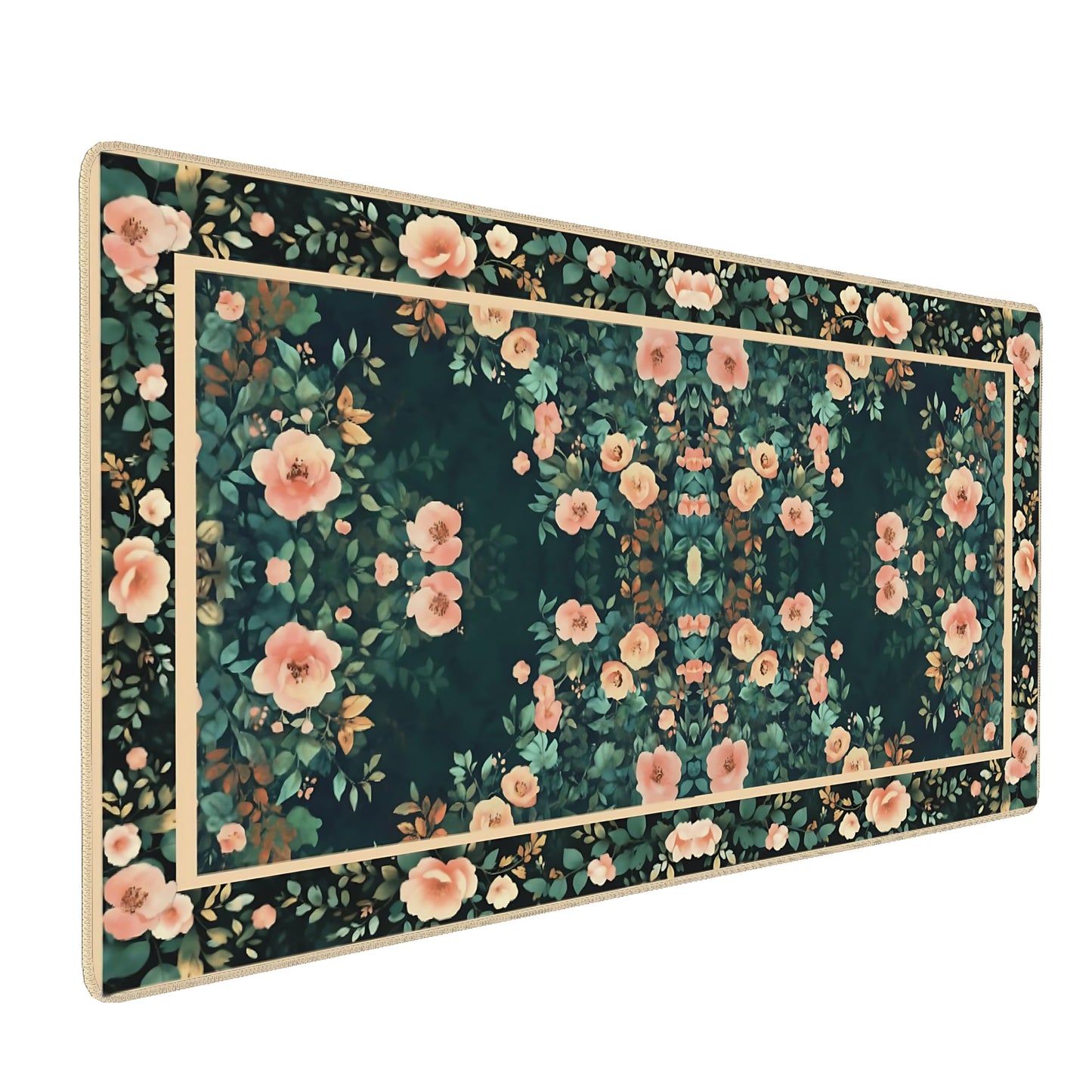 Floral Aesthetic Rose Gaming Mouse Pad, Forest Green Rug Desk Mat with Anti-Slip Base & Stitched Edges,35.4" x 15.7" in Table Mat for Computer Desktop, Beautiful Workstation Decor