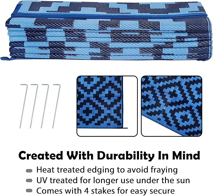 SAND MINE Waterproof Outdoor Rug 9x18 ft, Plastic Reversible Rug, Modern Area Rug, Large Floor Mat for Outdoors, RV, Patio, Backyard, Deck, Picnic, Beach, Camping, Blue