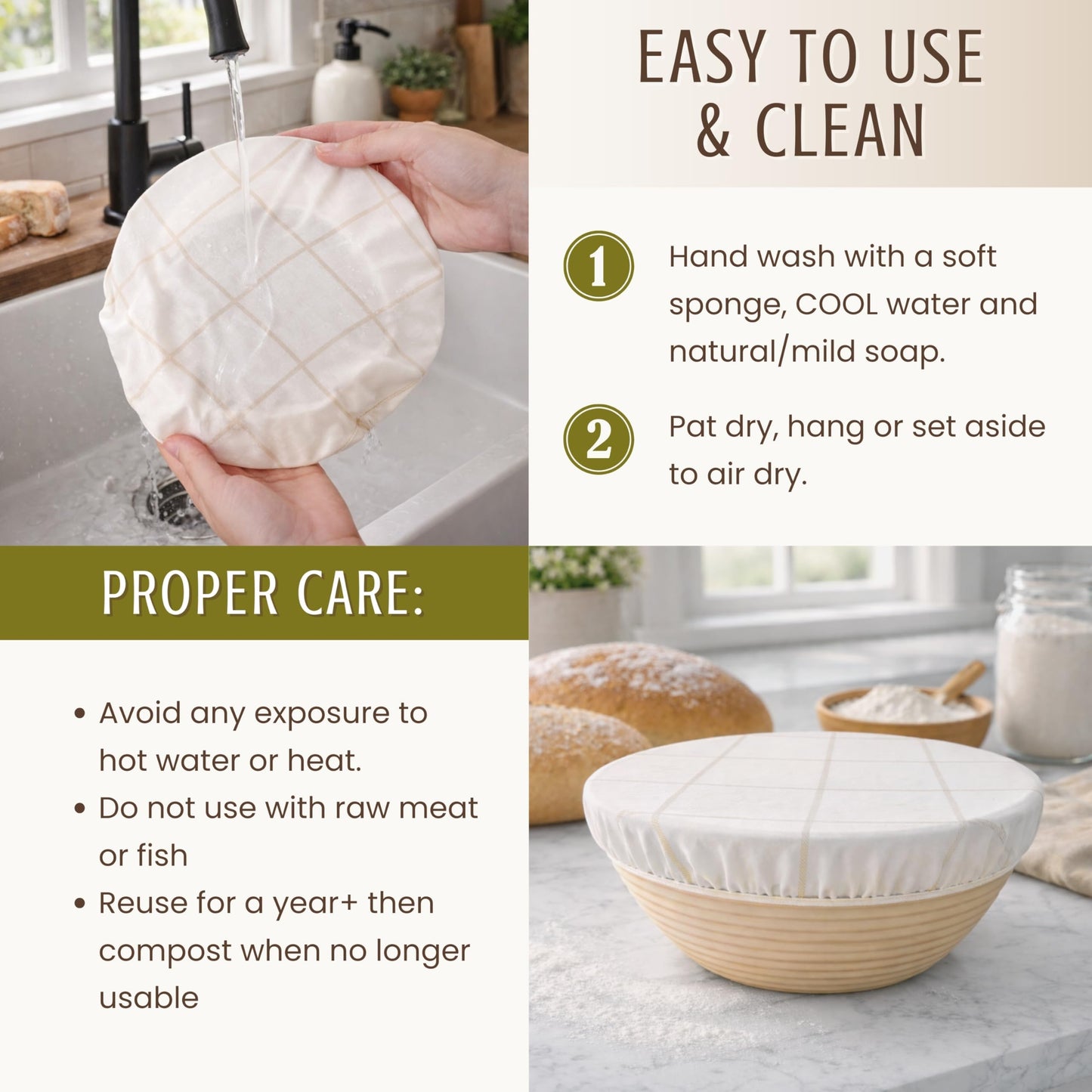 Nectar & Nest Reusable Bowl Covers for Bread Proofing (2 Lg) - Beeswax Bowl Covers Reusable, 100% Organic Cotton, Elastic Cover for Sourdough, Dough Proofing and Food Storage, Compostable