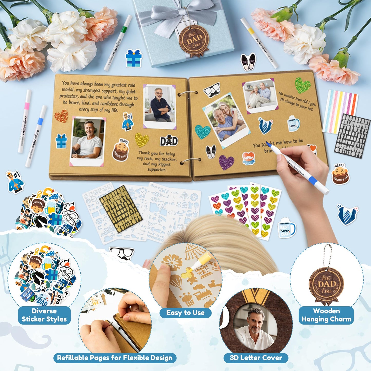CY2SIDE Best Dad Ever Album Scrapbook - Father’s Day Wooden Scrapbook Craft Kit, DIY Photo Memories Book with 30 Pages Birthday Gift for Father’s Day, DIY Handmade Scrapbook Gift for Dad Grandpa