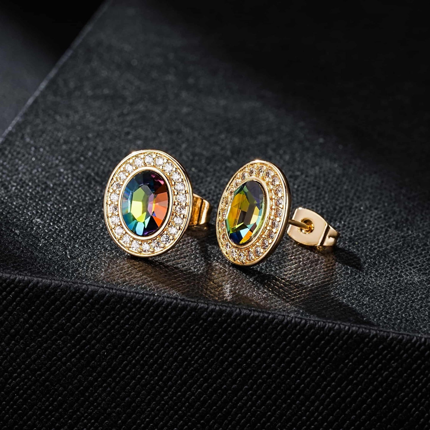 EVEVIC Austrian Crystal Halo Oval Stud Earrings for Women Trendy,14k Gold Plated Hypoallergenic Earring Jewelry Gift (Vitrail Medium)