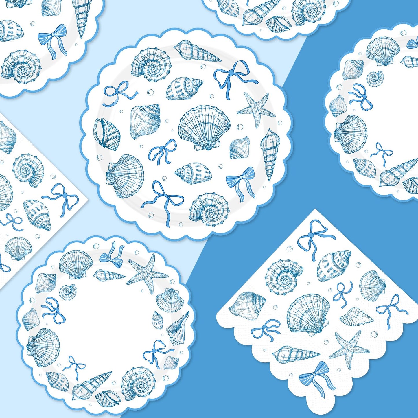 200Pcs Blue Bow Seashell Party Supplies Scalloped Ocean Coastal Party Plates and Napkins Disposable Starfish Seashell Tableware Set for Summer Beach Bridal Shower Birthday Decorations Serves 50