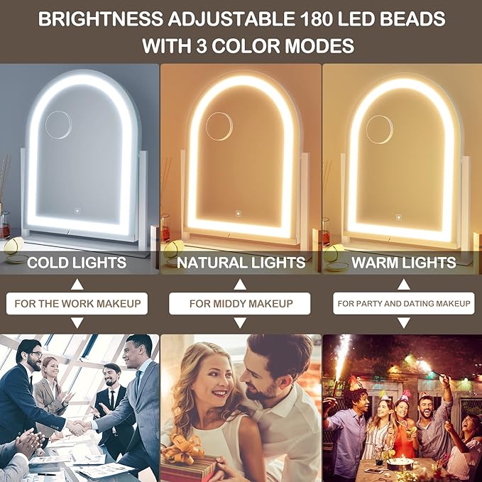 Arched Makeup Vanity Mirror with Lights 17.2" Large LED Lighted Mirror, Hollywood Make Up Mirror with Lighting, Smart Touch, 360° Rotation, (Gold,Gift Box)