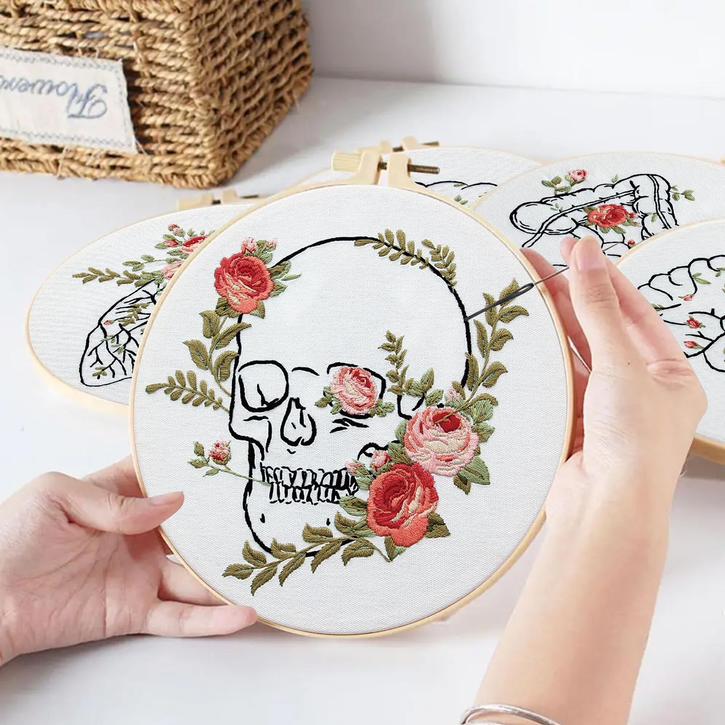 5 Sets Skull Embroidery Kits for Beginners Adults, Anatomy Embroidery Starter Kit for Doctors Nurses Christmas Gifts with Floral Stamped Pattern DIY Needlepoint Kit Cross Stitch Set Includes 2 Hoops