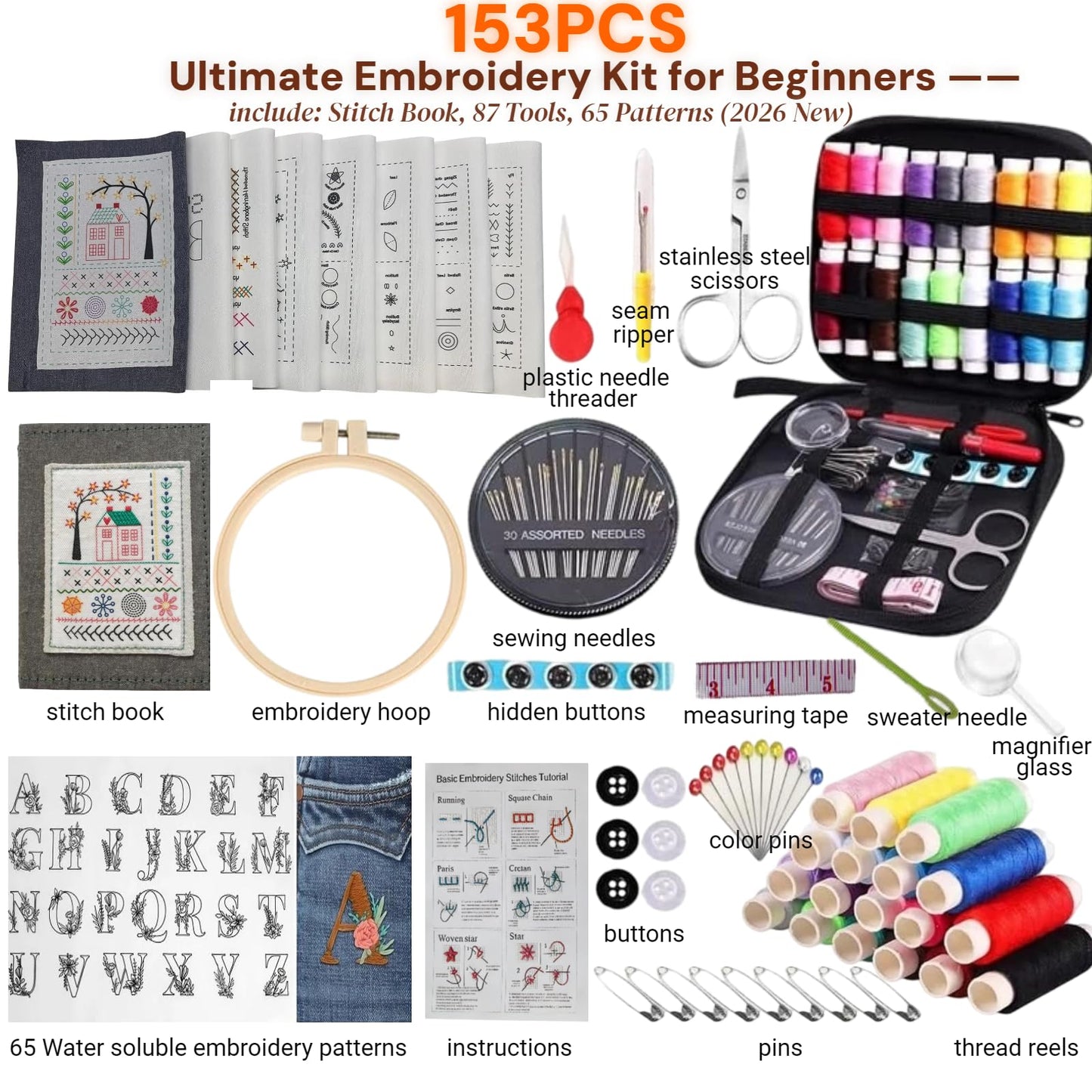 2026 Upgraded Embroidery Stitch Book & Complete Kit for Beginners | Includes Embroidery Hoop,86 Tools,65 Water-Soluble Patterns & 106 Stitches With Guides,Portable Craft Set for Adults & DIY Lovers