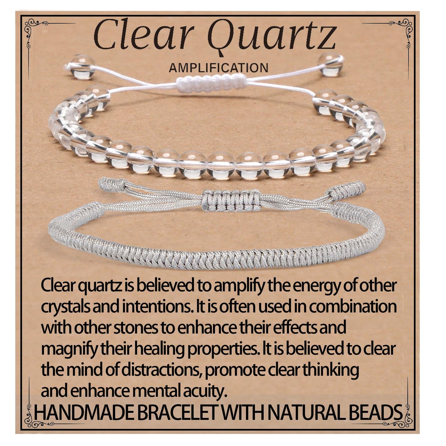 LPBeads 6mm Clear Quartz Bracelet with Handmade Rope Bracelet Size Adjustable Natural Stone Crystal Healing Bracelets Gifts for Unisex Adults