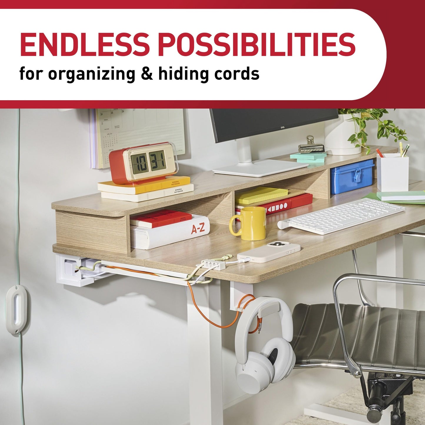 Command 5-Cord Clip Organizer and Wrap Bundle, 2 Clips, 1 Wrap and 6 Medium Strips, White, Great for Damage-Free Electronics Organization Under Desk or Wall Mount
