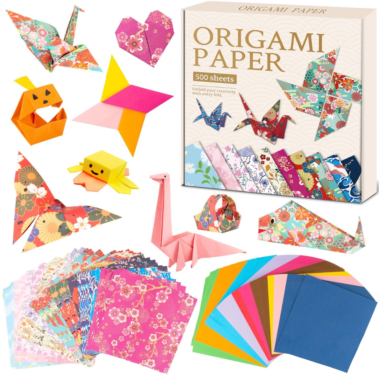 DoodleDoo Origami Paper Kit, Japanese Style Patterns Double Sided Color Origami, 500 Sheet Folding Paper Set, Gift for Kids Boys Girls