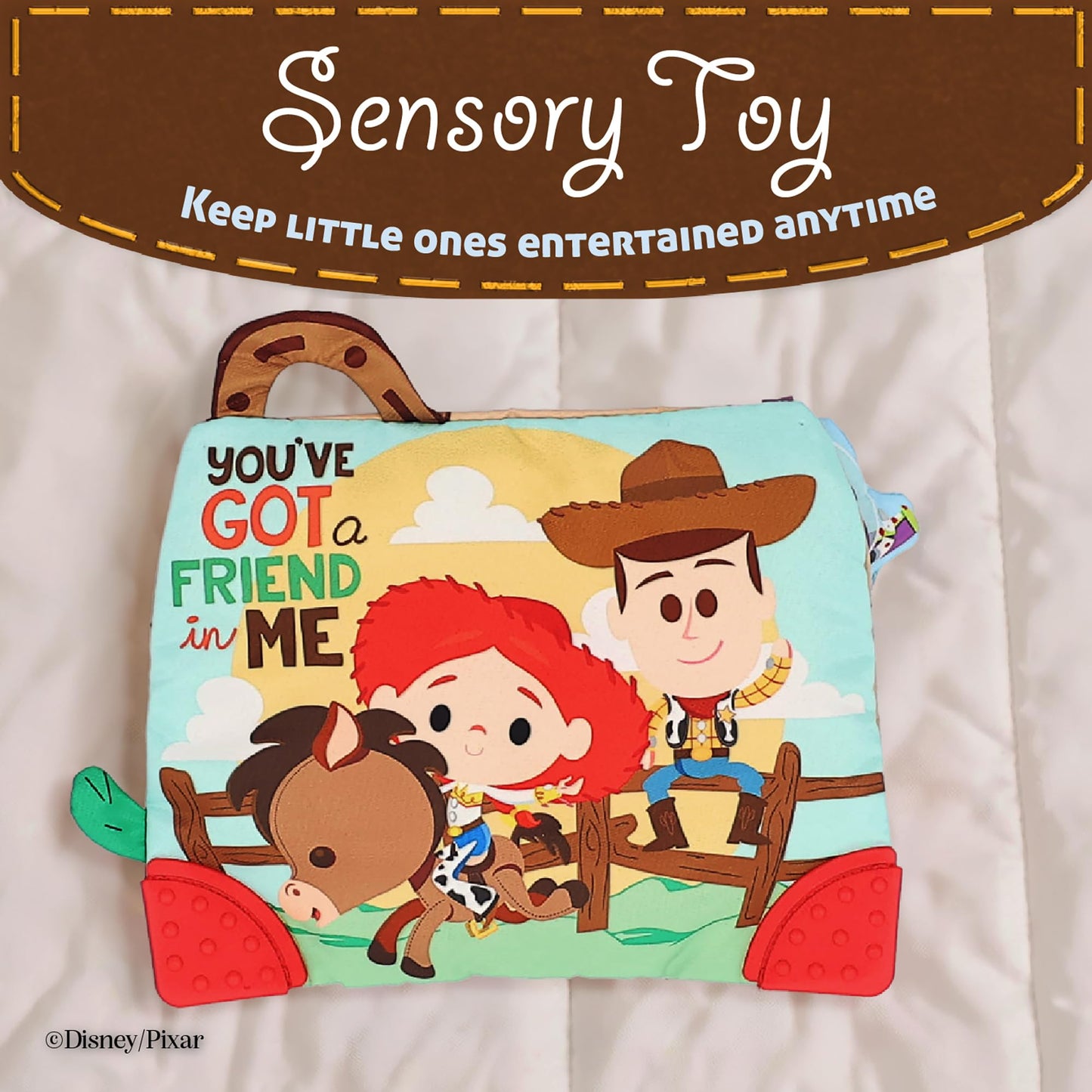 Disney Toy Story Andy’s Toy Box On-The-Go Clip by Kids Preferred – Soft Sensory Teether with Crinkle Sounds & Rattle