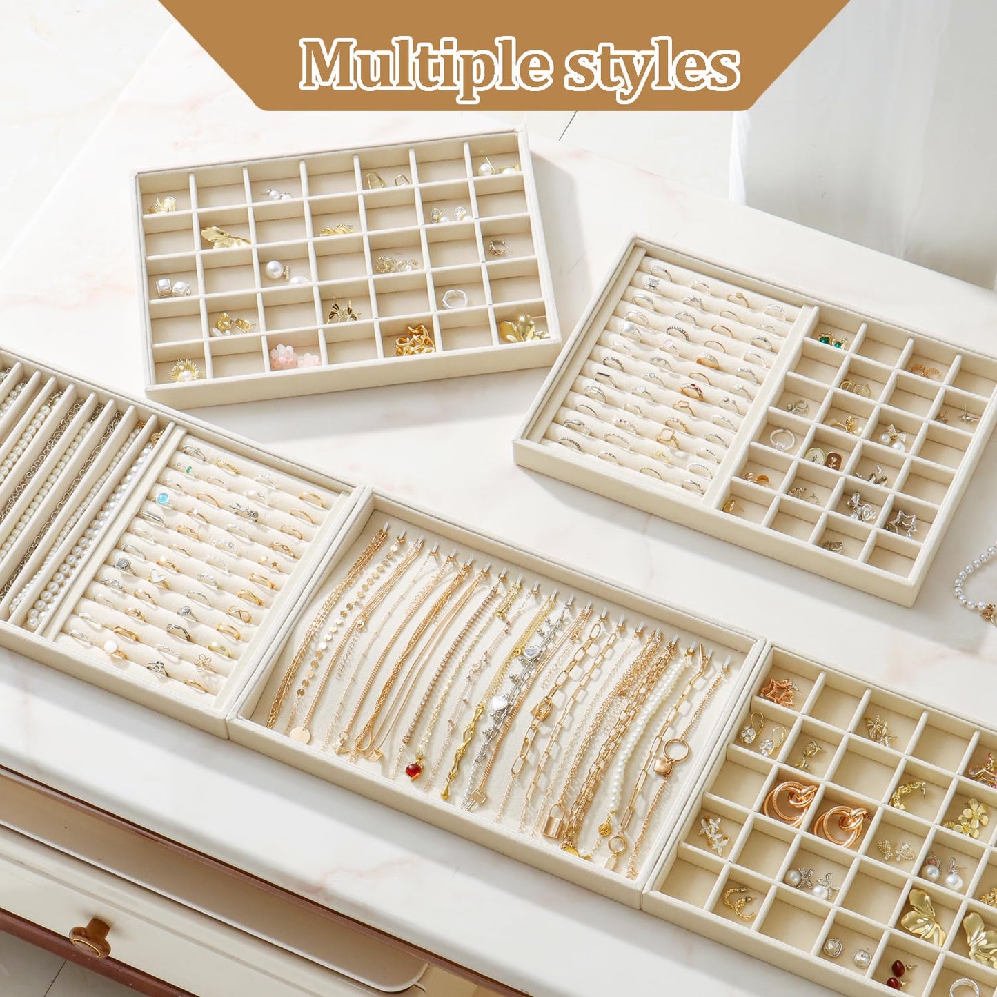 KATISYIO Large Jewelry Organizer for Drawer Insert Velvet Stackable Jewelry Trays for Earring Necklace Bracelet Ring Display (Beige, Ring and 9 Grids)