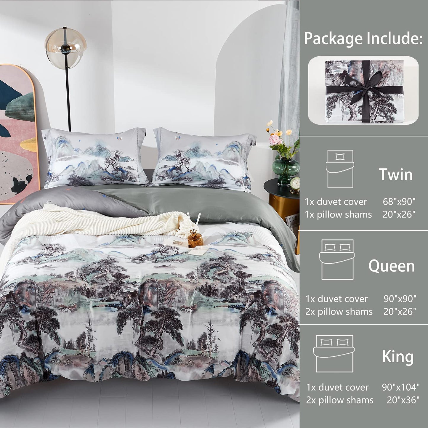 MILDLY 100% Long-Staple Cotton Duvet Cover Set Mountain Scenery Pattern Printed Comforter Cover 3pcs, Ultra Soft & Breathable Bedding Set