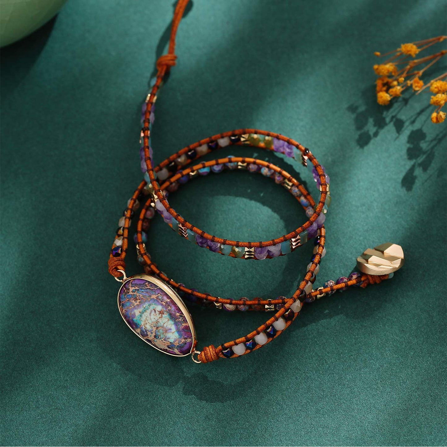 Plumiss Boho Handmade Blue Purple Imperial Jasper Stone Crystal Hematite Mixed Bead 3 Wraps Bracelets