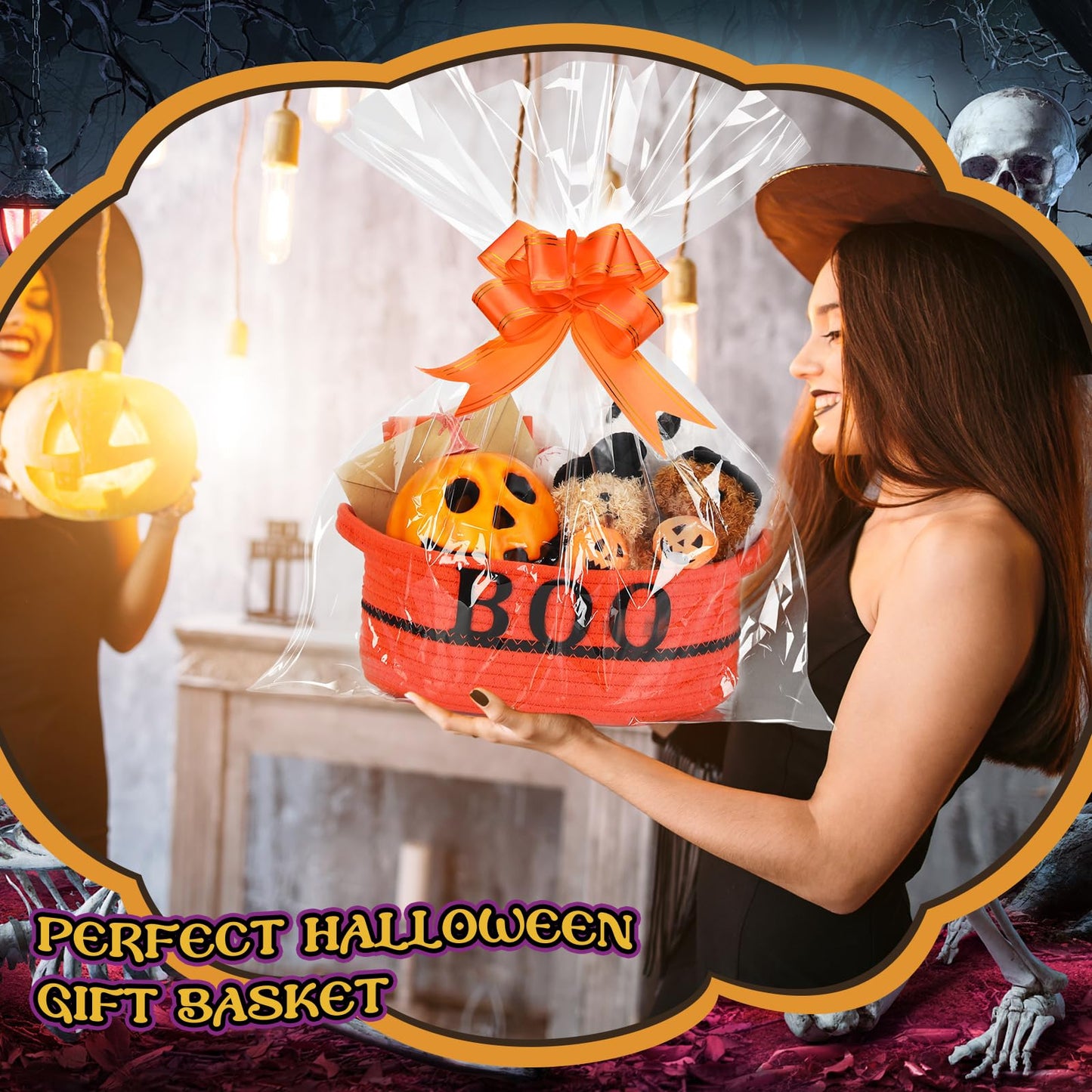 Potchen Halloween Boo Basket Gift with Handles Funny Boo Cotton Rope Basket Empty Trick or Treat Storage Bin with Clear Plastic Bag Ribbon Gift Card Envelope Set for Halloween Celebrations(Orange)