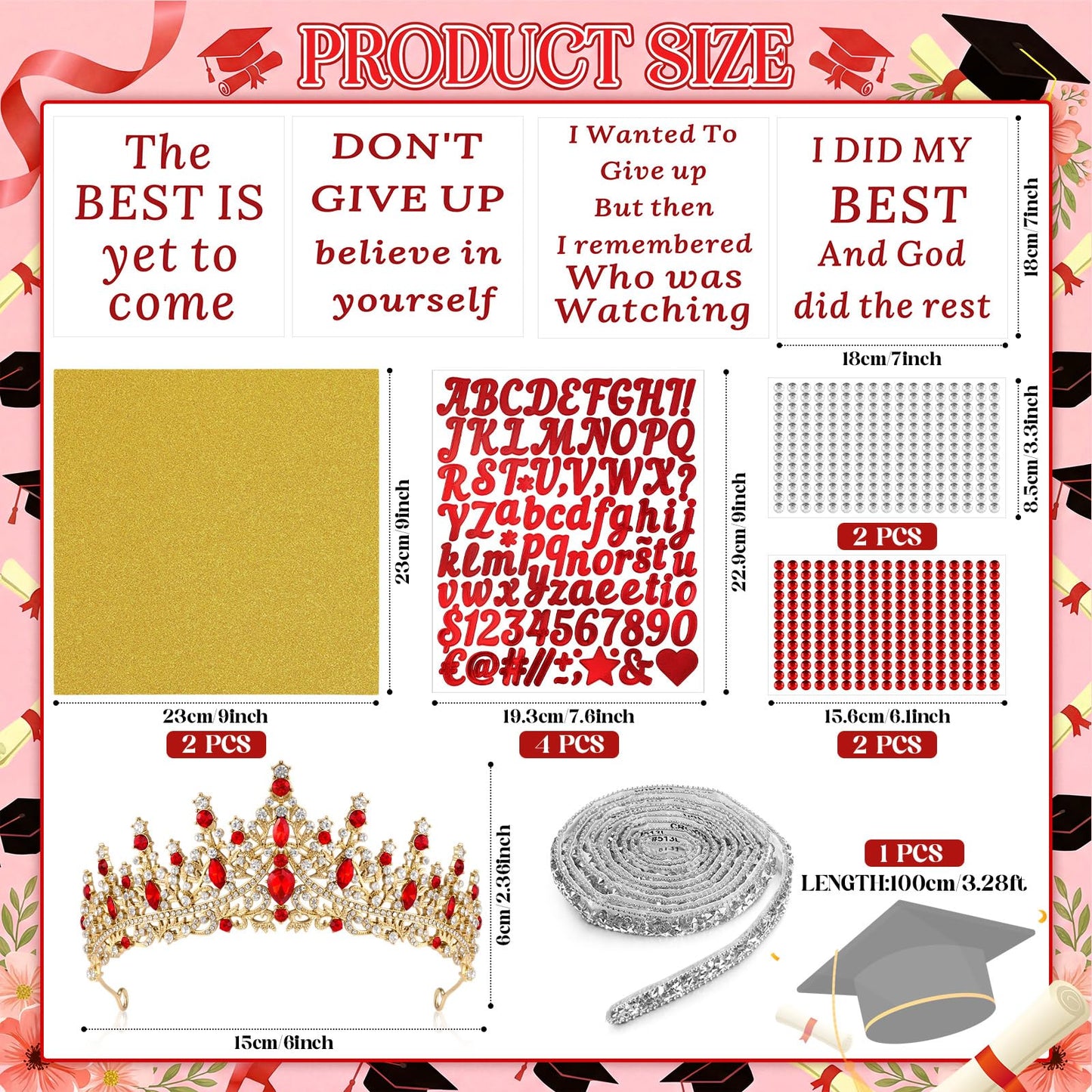 Dunzoom 2026 Crown Graduation Cap Decorations Kit Tiara Crown for Graduation Hat DIY Letter Stickers Construction Paper for Grad caps 2026 Grad Cap Decoration DIY for Gard Party Supplies(Red)