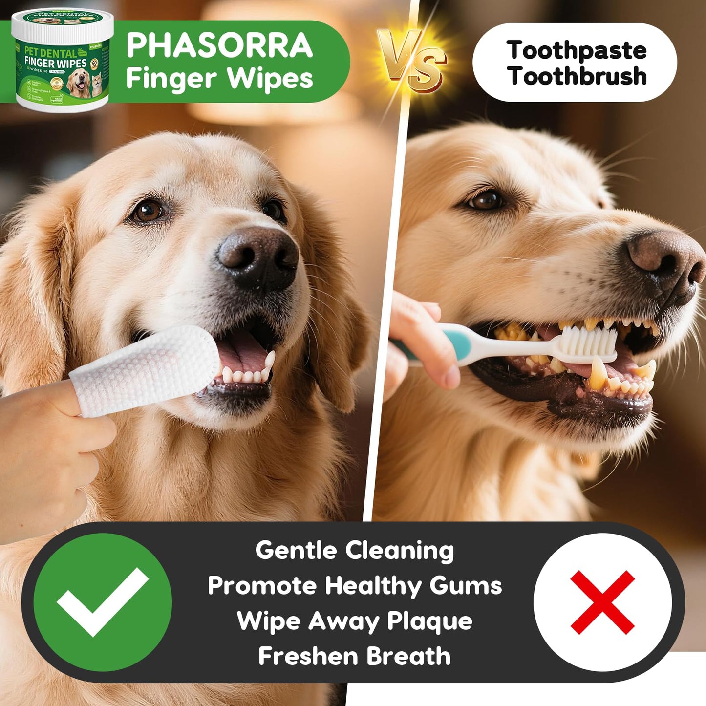 PHASORRA Dog & Cat Tooth Brushing kit - 60Ct Dog Toothbrush & Toothpaste Alternatives, Dental Care Wipes, Heavy Duty Teeth Cleaning, Remove Tartar & Plaque, Breath Freshener