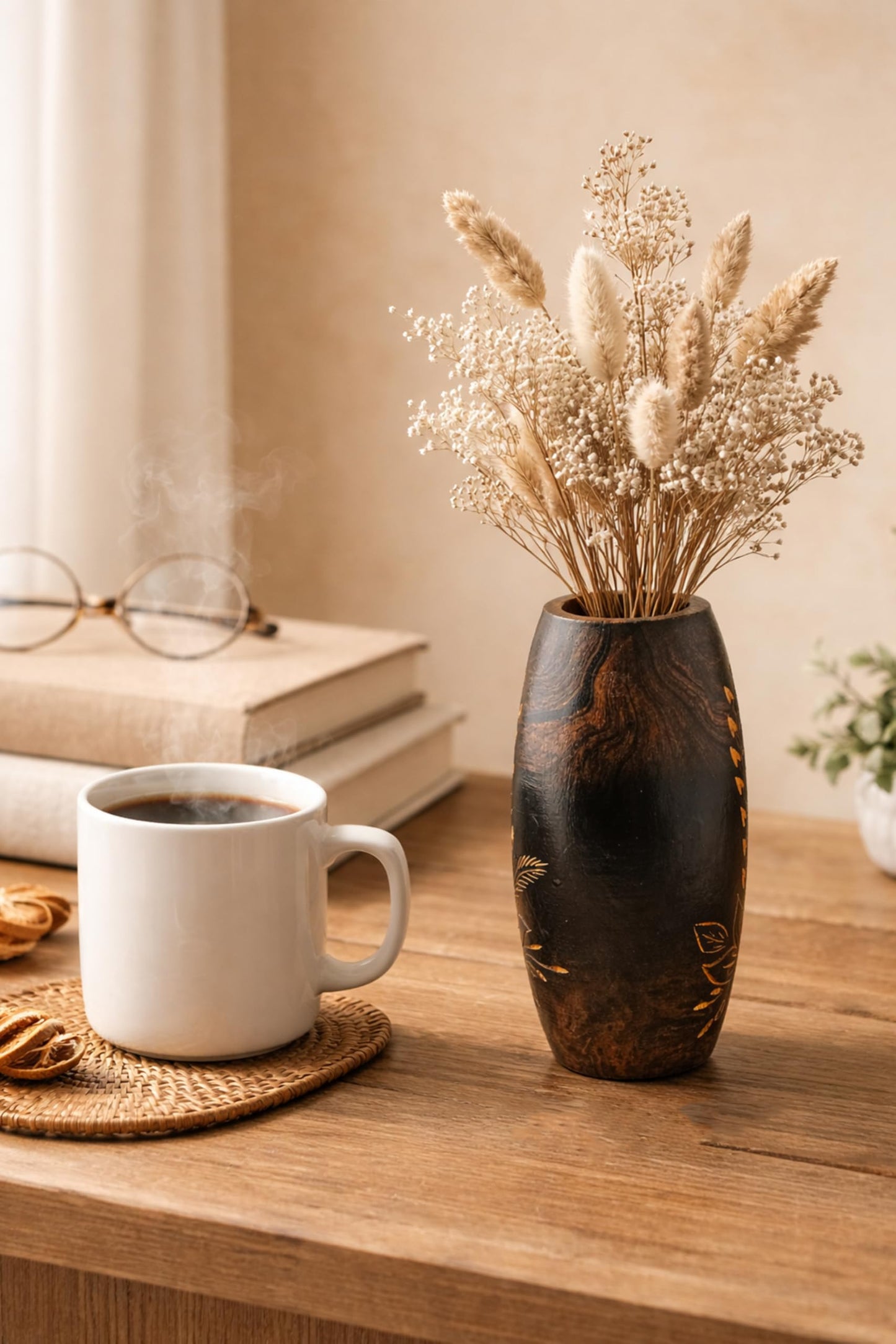 AeraVida Hand-Carved Mango Tree Wood Flower Vase Dark Brown Oval Tabletop Decorative Vase 6 Inch Small Rustic Home Decor for Living Room Dried Floral Display