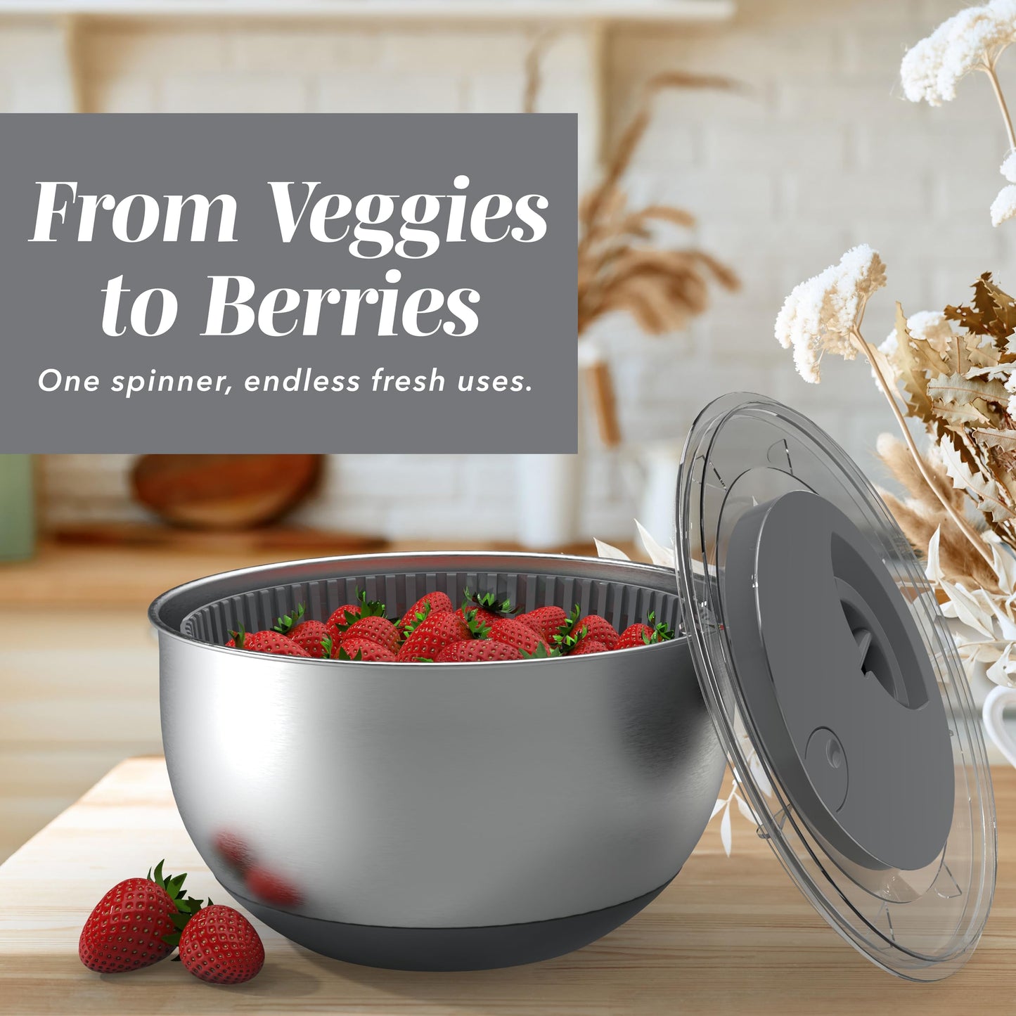 COOK WITH COLOR Stainless Steel Salad Spinner - 5 Qt. Lettuce Washer And Vegetable Spinner Dryer for Easy Salad Prep - Non Slip Base with Pull Handle - Auto Stop Brake System, Stain and Odor Resistant