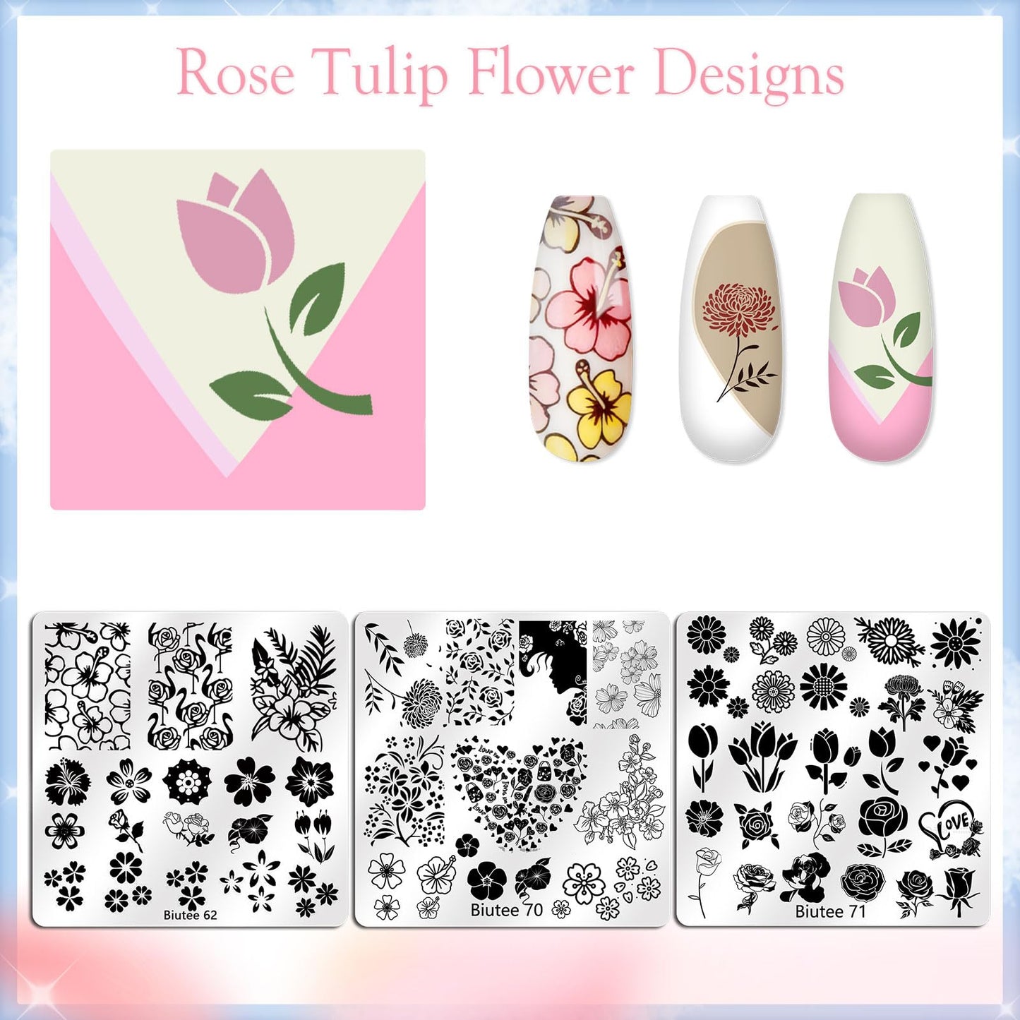 Biutee Nail Stamping Plates Set 15PCS Nail Stamper Kit with Nail Stamper, 2pcs Scraper & Storage Bag Nail Art Stamping Plates Butterfly Star Flower Leaf Bowknot Design Nail Stamping Kit