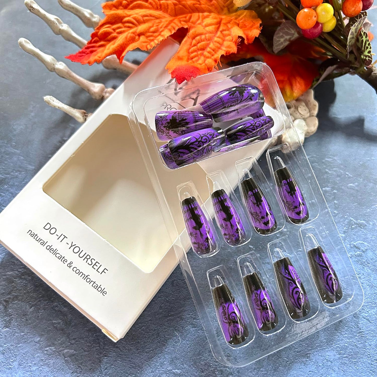 Purple Halloween Press on Nails Medium Ballet Shaped Bat False Nails Full Cover Artificial Acrylic Fingernails Jungle Castle Design Halloween Nail Glossy Festivla Glue on Nails for Women Supplies