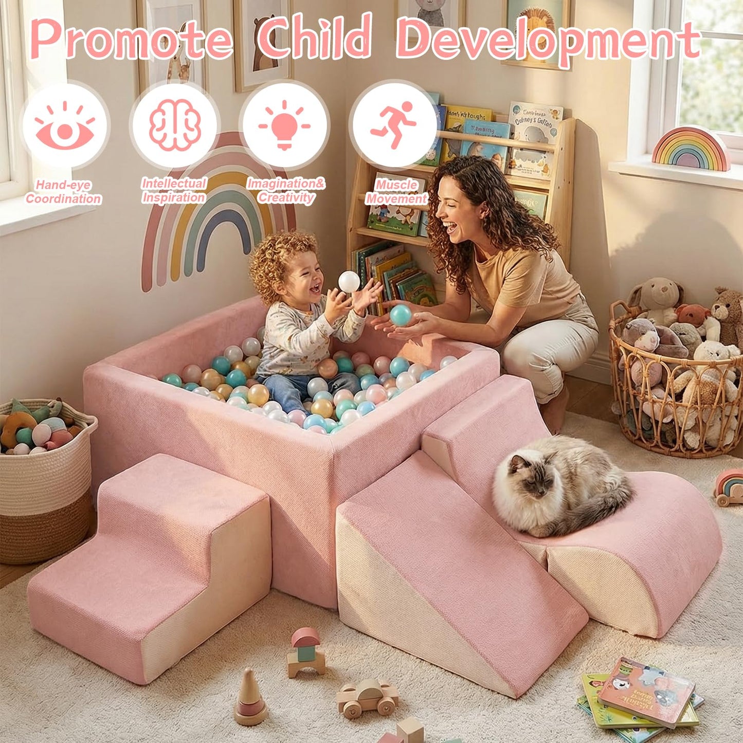 STAOLENE Soft Foam Climbing Blocks with Ball Pit, 6PCS Beige & Pink Indoor Climbing Toys for Toddler, Climb and Crawl Activity Play Set, Play Gym for Child Development (Balls not Included)