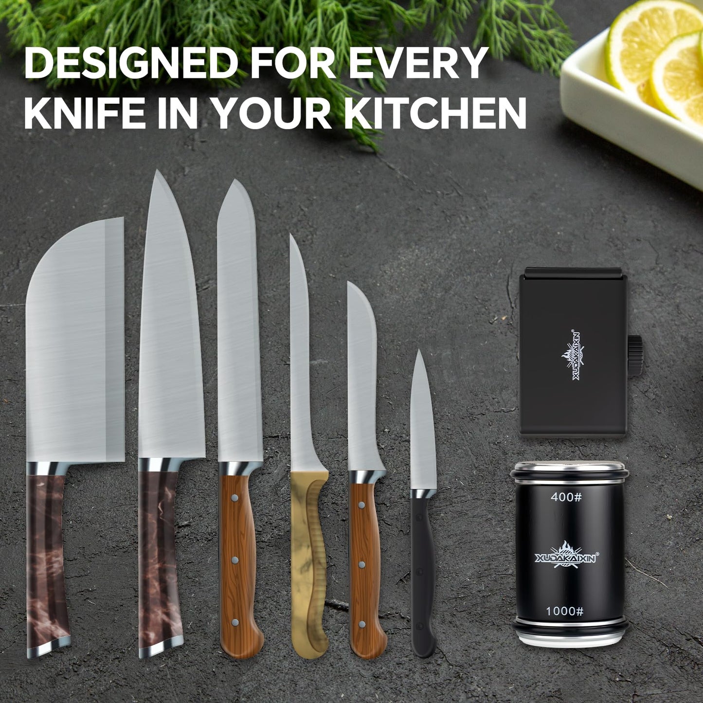 The Innovative Knife Sharpener - Patented Multi-Angle Premium Rolling Knife Sharpener with Extra Replacement Head for Chef's, Fruit, and All Steel Knives (Black)