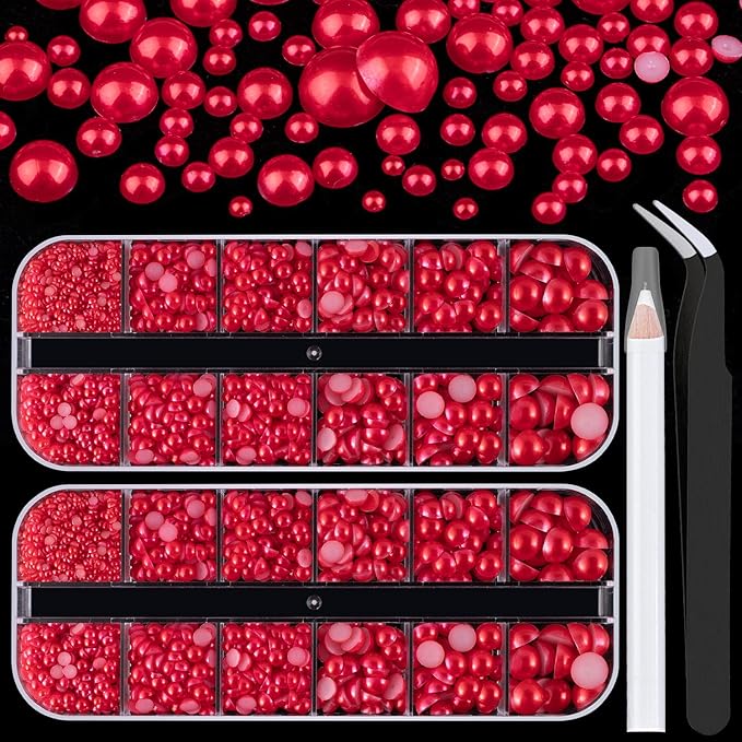 Belleboost Flat Back Pearls Kits 2 Boxes of Flatback Red Half Round Pearls with Pickup Pencil and Tweezer for Home DIY and Professional Nail Art, Face Makeup and Craft