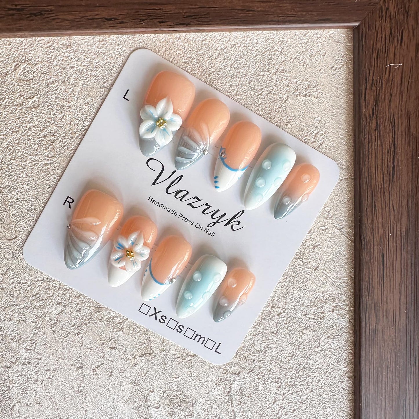 Handmade Press-On Nails for Women - Medium Almond Fake Nails | Luxury Gradient Blue 3D Floral Design | Reusable Salon-Quality Glossy Acrylic False Nails.（S Size)