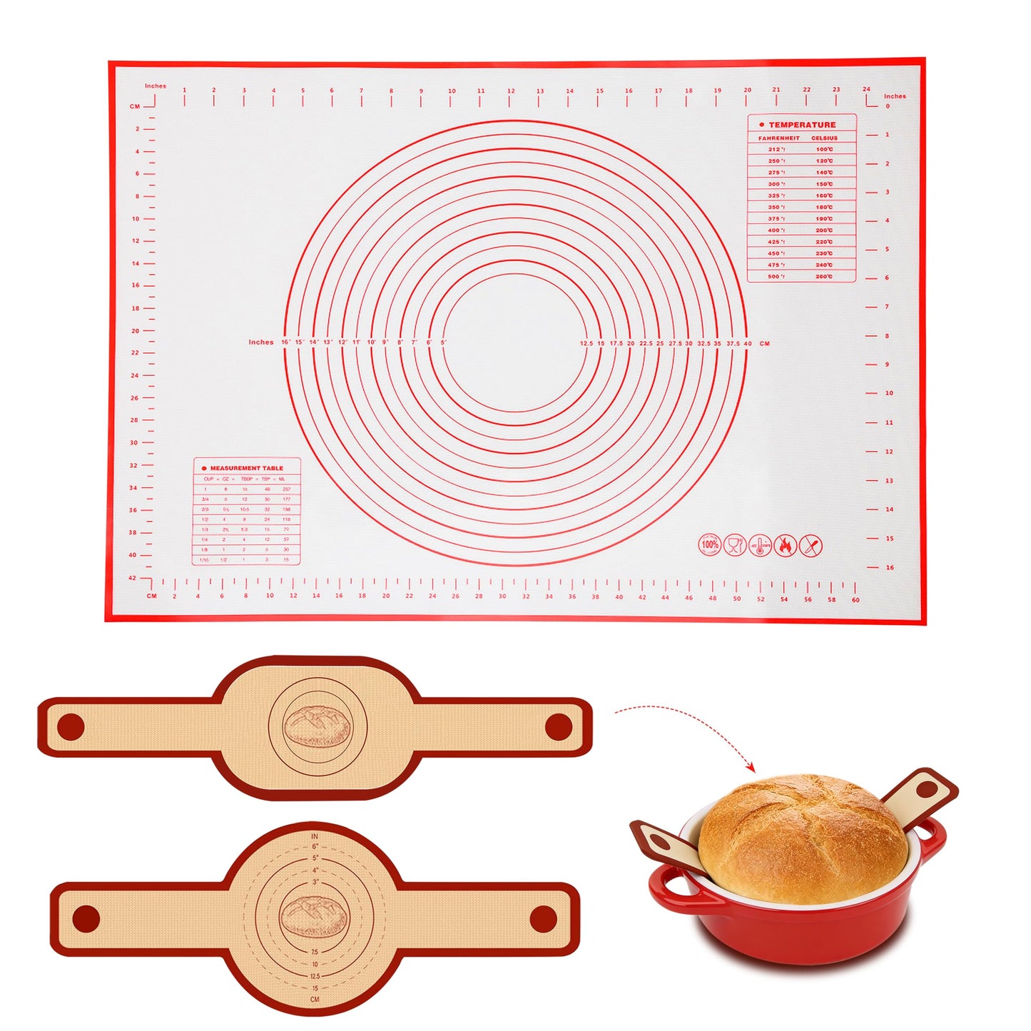 Silicone Baking Mat 3-Piece Set:1Pcs 27x19 inch Non-Slip Pastry Rolling Mat with Measurements &2Pcs Silicone Bread Sling for Sourdough Tools | Non-Stick, Dishwasher Safe, Reusable Baking Accessories