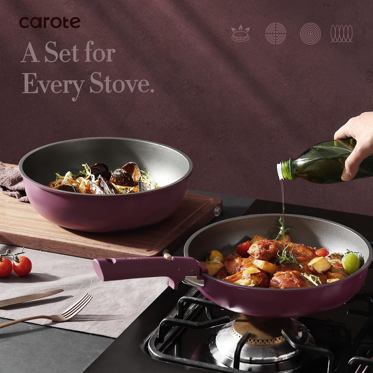 CAROTE 21pcs Pots and Pans Set, Nonstick Cookware Set Detachable Handle, Induction Kitchen Cookware Sets Non Stick with Removable Handle, RV Cookware Set, Gold and Purple
