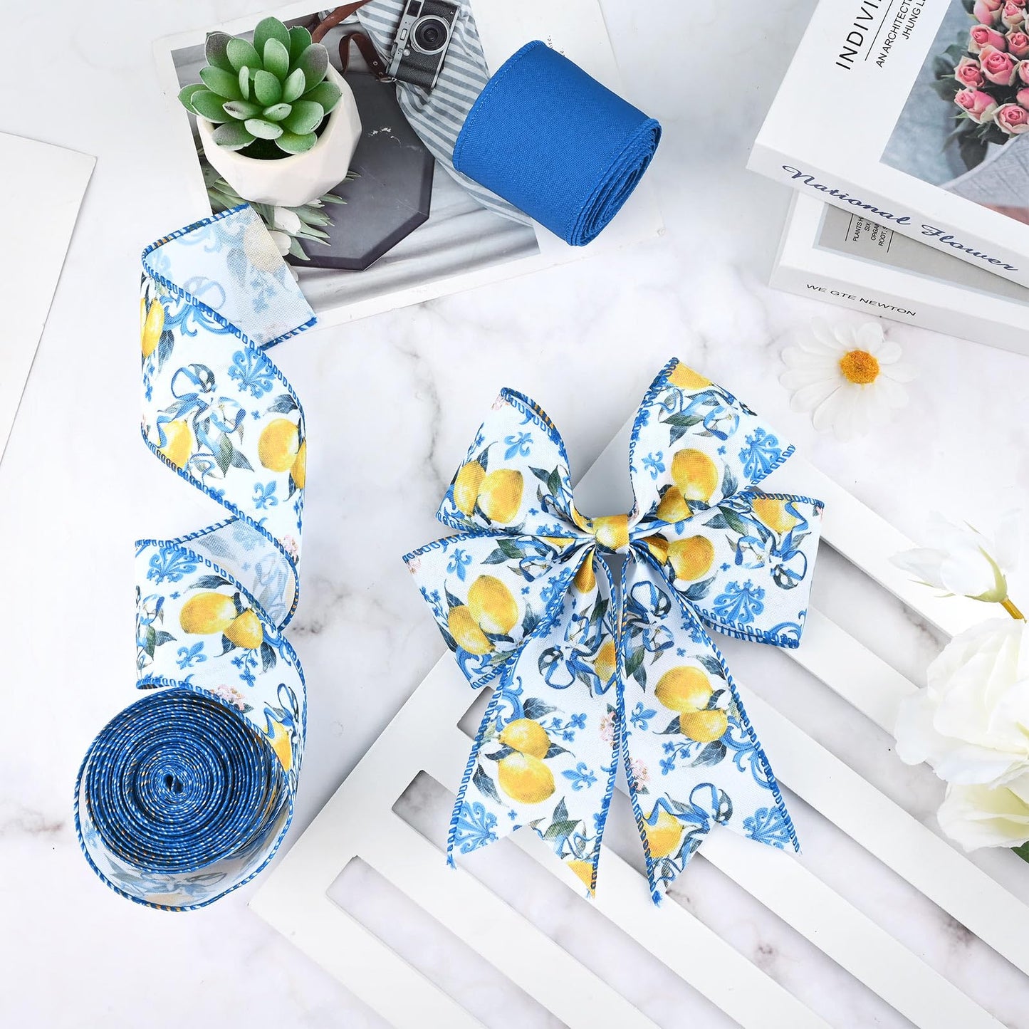 4Rolls 20 Yards Lemon Wired Edge Ribbon 2.5inch Summer Blue Tiles Yellow Lemon Printed Fabric Ribbon for Wreath Bow Making DIY Crafts Wrapping Supplies